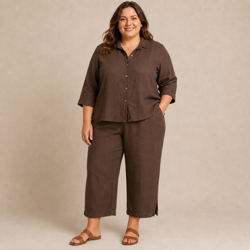 Avenue Plus Brown Linen Blend Capri Set Women's 3XL Minimalist Quiet Luxury Chic